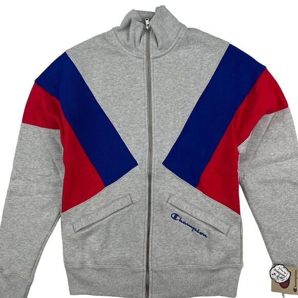 New Champion Men US XS Grey Full Zip Track Jacket Reverse Weave Colorblock  - Picture 5 of 9